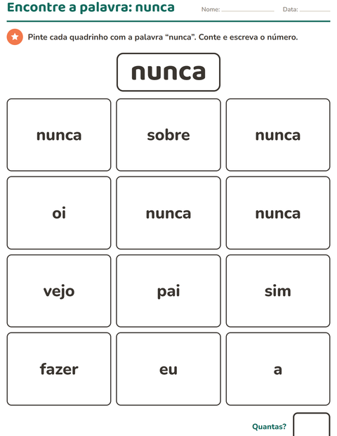Pré-visualização da ficha de Palavras frequentes para Educação infantil (pré-escola, 5-7 anos)