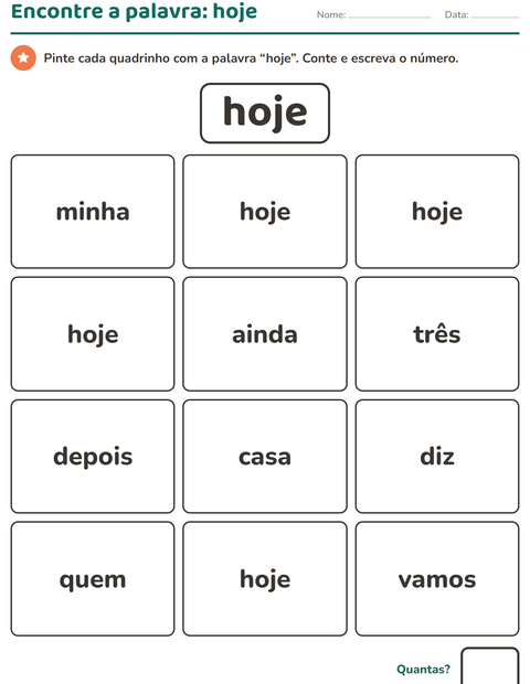 Pré-visualização da ficha de Palavras frequentes para Educação infantil (pré-escola, 5-7 anos)