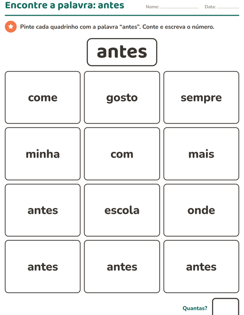 Pré-visualização da ficha de Palavras frequentes para Educação infantil (pré-escola, 5-7 anos)