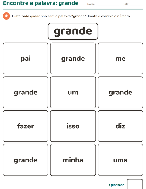 Pré-visualização da ficha de Palavras frequentes para Educação infantil (pré-escola, 5-7 anos)
