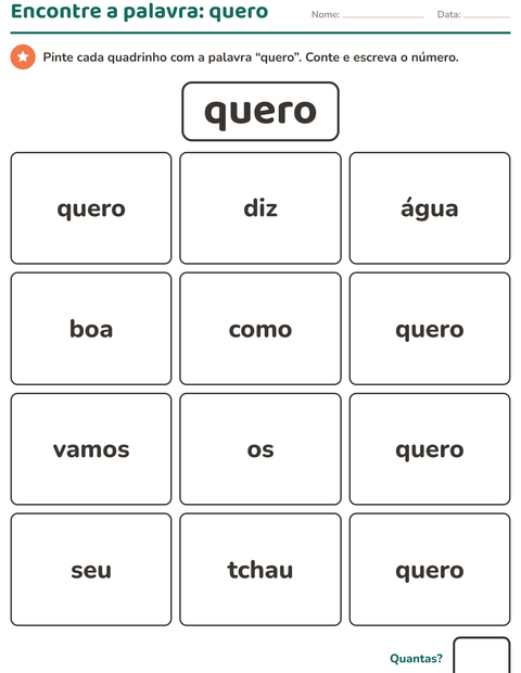 Pré-visualização da ficha de Palavras frequentes para Educação infantil (pré-escola, 5-7 anos)