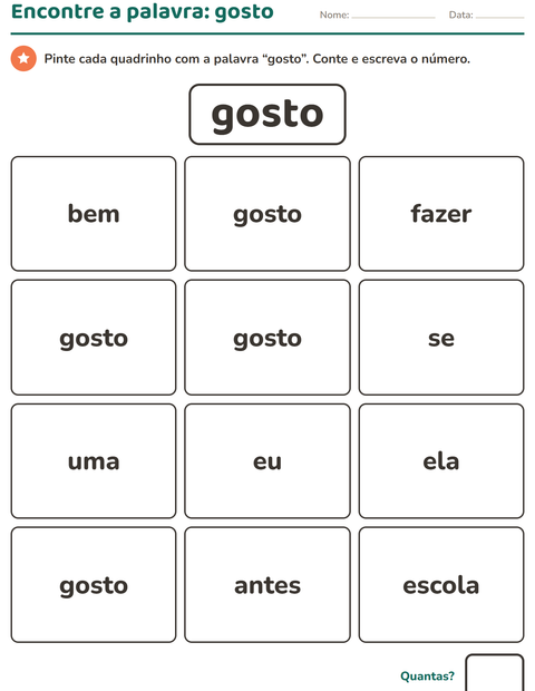 Pré-visualização da ficha de Palavras frequentes para Educação infantil (pré-escola, 5-7 anos)