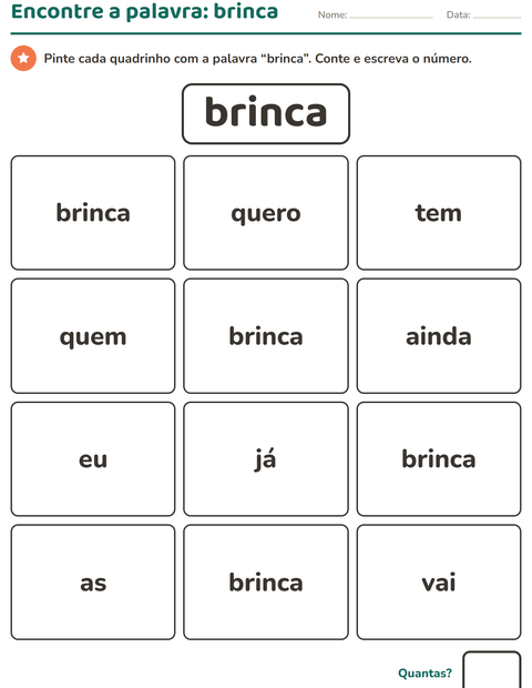 Pré-visualização da ficha de Palavras frequentes para Educação infantil (pré-escola, 5-7 anos)