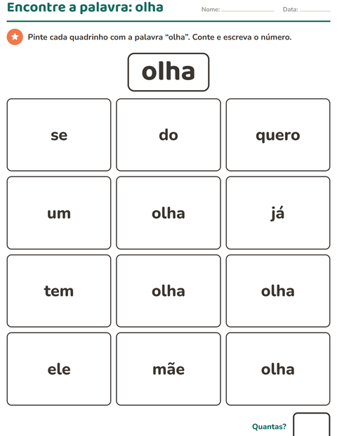 Pré-visualização da ficha de Palavras frequentes para Educação infantil (pré-escola, 5-7 anos)