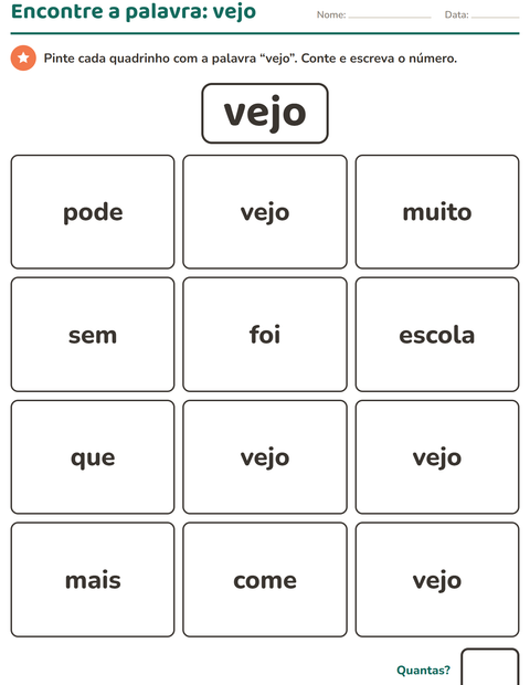Pré-visualização da ficha de Palavras frequentes para Educação infantil (pré-escola, 5-7 anos)