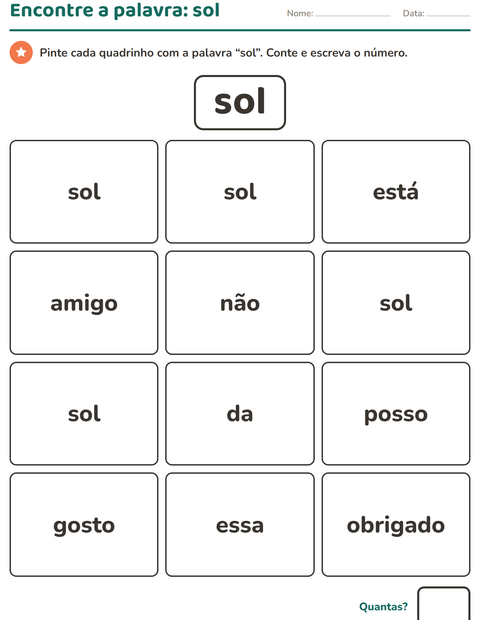 Pré-visualização da ficha de Palavras frequentes para Educação infantil (pré-escola, 5-7 anos)