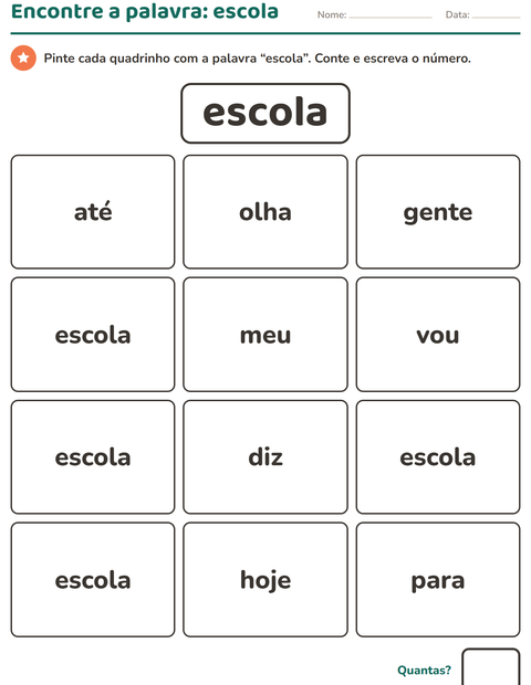 Pré-visualização da ficha de Palavras frequentes para Educação infantil (pré-escola, 5-7 anos)