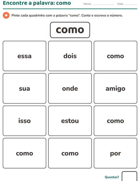 Pré-visualização da ficha de Palavras frequentes para Educação infantil (pré-escola, 5-7 anos)