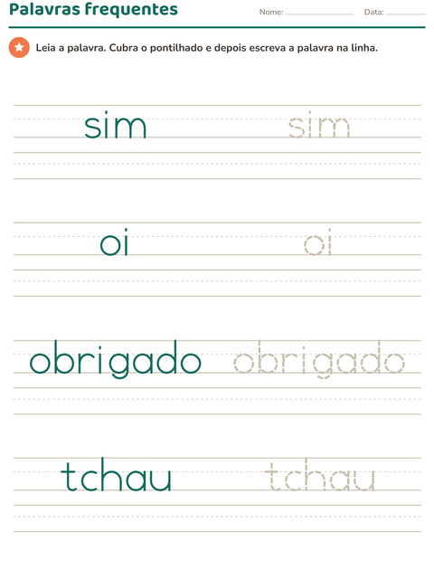 Pré-visualização da ficha de Palavras frequentes para Educação infantil (pré-escola, 5-7 anos)