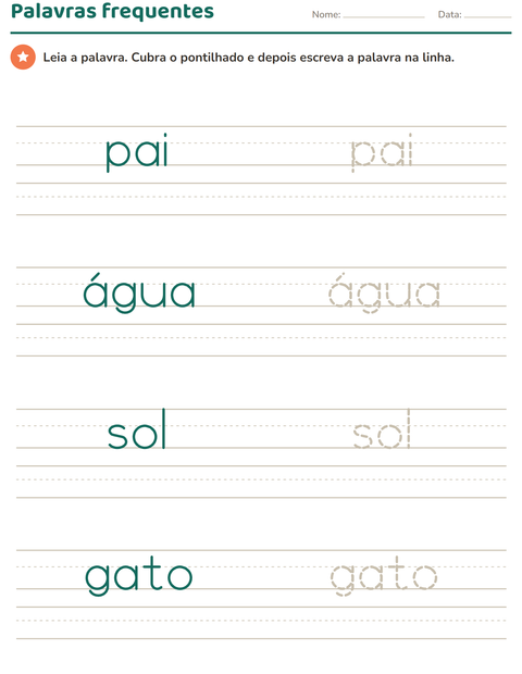 Pré-visualização da ficha de Palavras frequentes para Educação infantil (pré-escola, 5-7 anos)