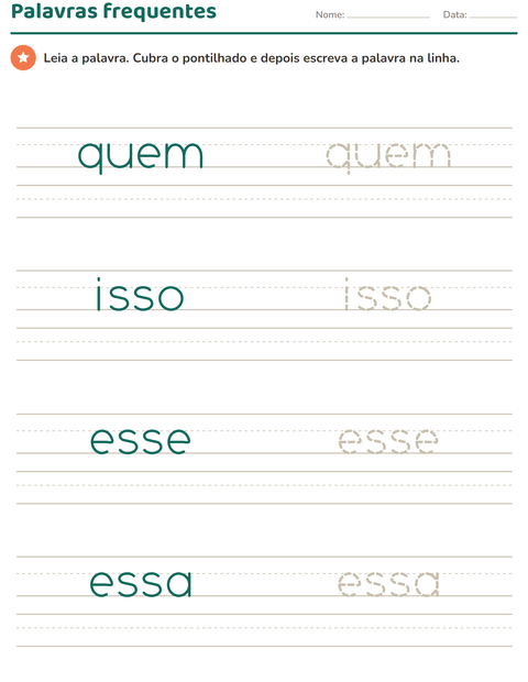 Pré-visualização da ficha de Palavras frequentes para Educação infantil (pré-escola, 5-7 anos)