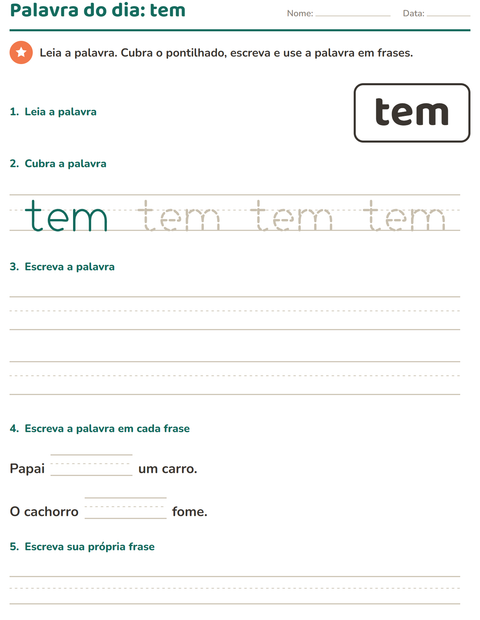 Pré-visualização da ficha de Palavras frequentes para Educação infantil (pré-escola, 5-7 anos)