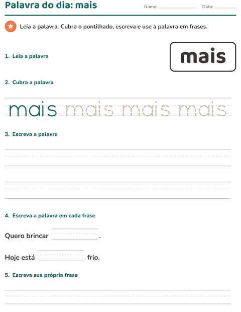 Pré-visualização da ficha de Palavras frequentes para Educação infantil (pré-escola, 5-7 anos)