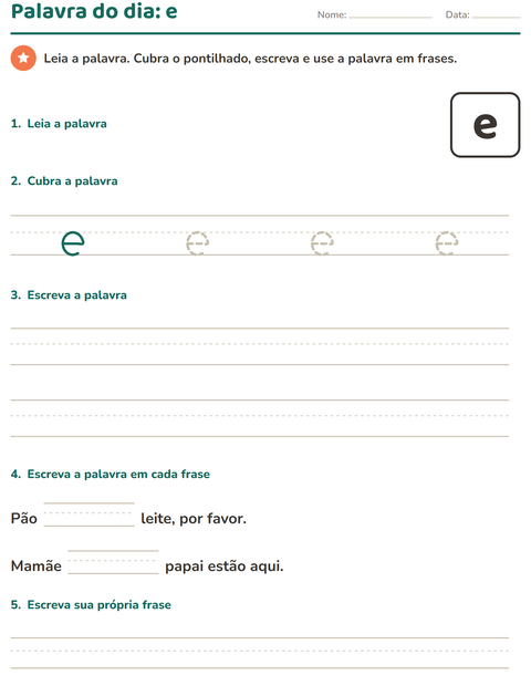 Pré-visualização da ficha de Palavras frequentes para Educação infantil (pré-escola, 5-7 anos)