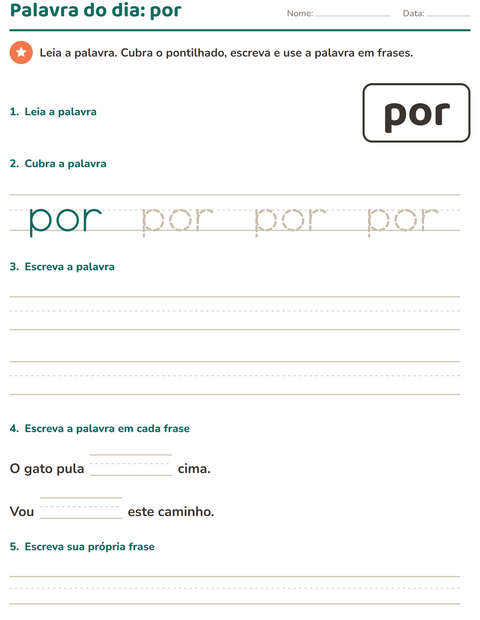 Pré-visualização da ficha de Palavras frequentes para Educação infantil (pré-escola, 5-7 anos)