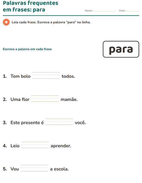 Pré-visualização da ficha de Palavras frequentes para Educação infantil (pré-escola, 5-7 anos)
