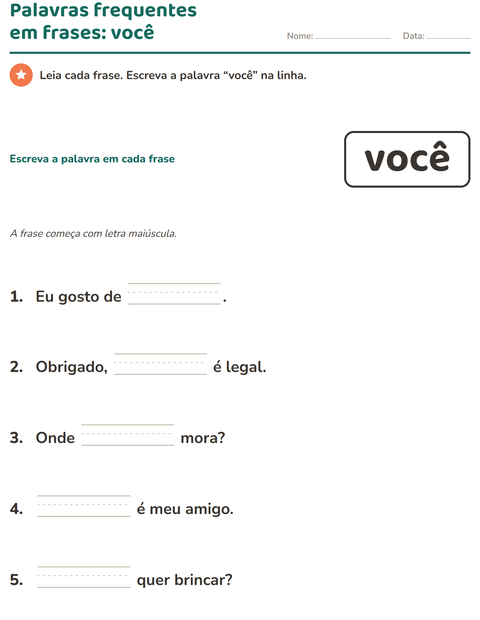Pré-visualização da ficha de Palavras frequentes para Educação infantil (pré-escola, 5-7 anos)