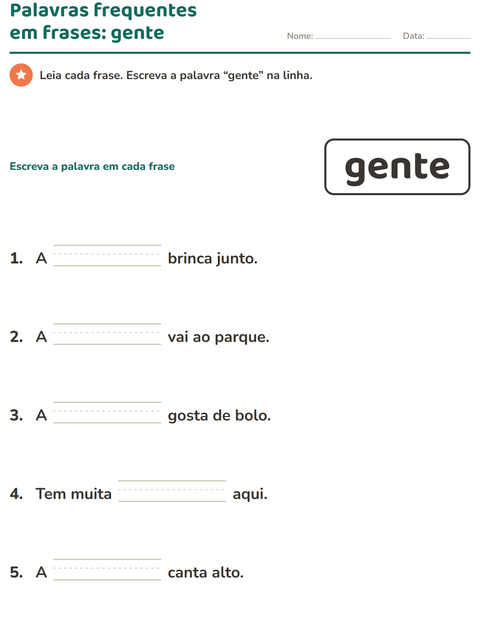 Pré-visualização da ficha de Palavras frequentes para Educação infantil (pré-escola, 5-7 anos)