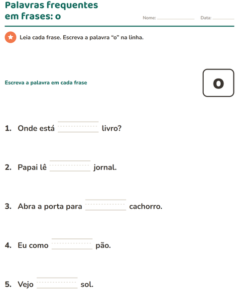 Pré-visualização da ficha de Palavras frequentes para Educação infantil (pré-escola, 5-7 anos)