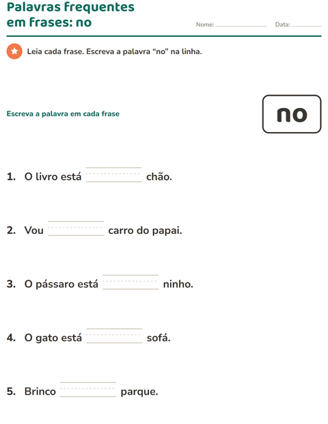 Pré-visualização da ficha de Palavras frequentes para Educação infantil (pré-escola, 5-7 anos)