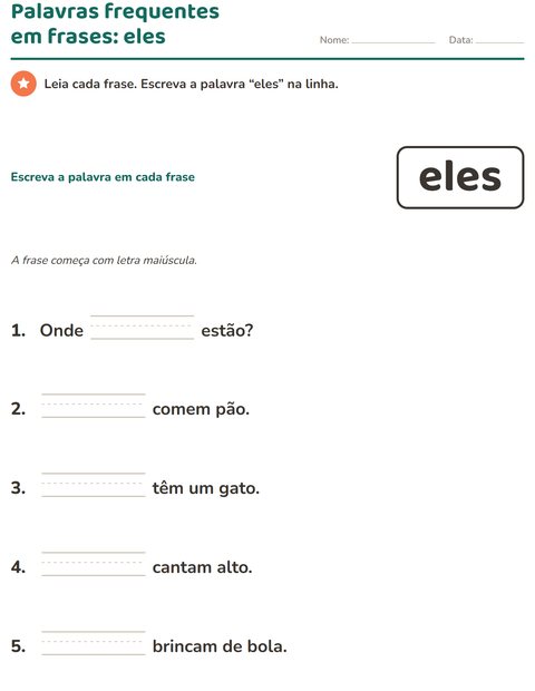 Pré-visualização da ficha de Palavras frequentes para Educação infantil (pré-escola, 5-7 anos)