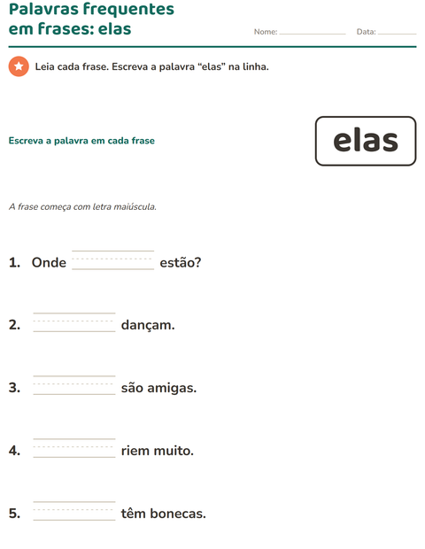 Pré-visualização da ficha de Palavras frequentes para Educação infantil (pré-escola, 5-7 anos)