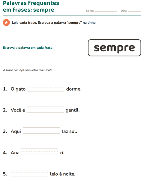 Pré-visualização da ficha de Palavras frequentes para Educação infantil (pré-escola, 5-7 anos)