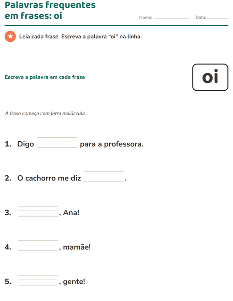Pré-visualização da ficha de Palavras frequentes para Educação infantil (pré-escola, 5-7 anos)