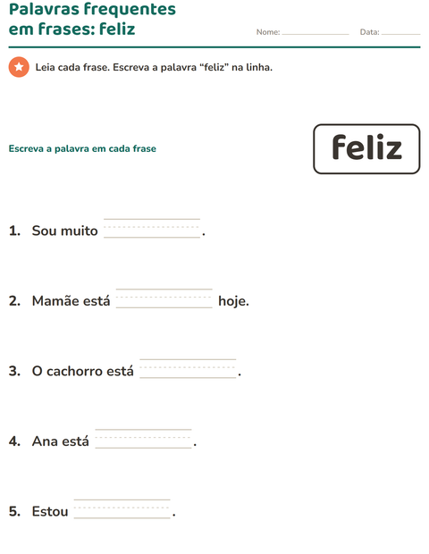 Pré-visualização da ficha de Palavras frequentes para Educação infantil (pré-escola, 5-7 anos)
