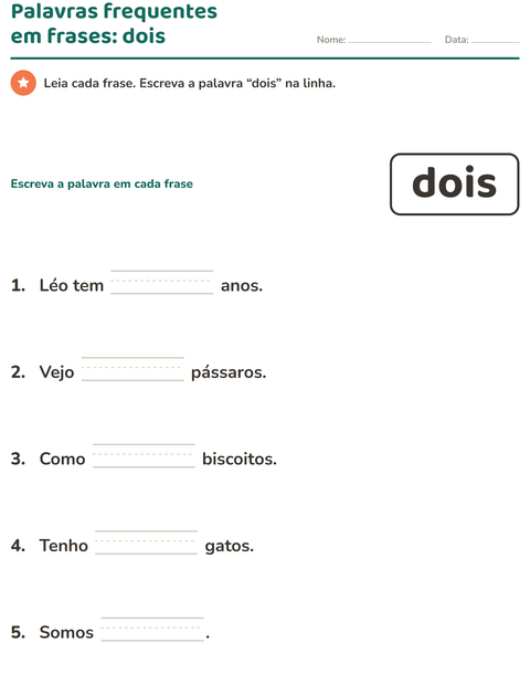 Pré-visualização da ficha de Palavras frequentes para Educação infantil (pré-escola, 5-7 anos)