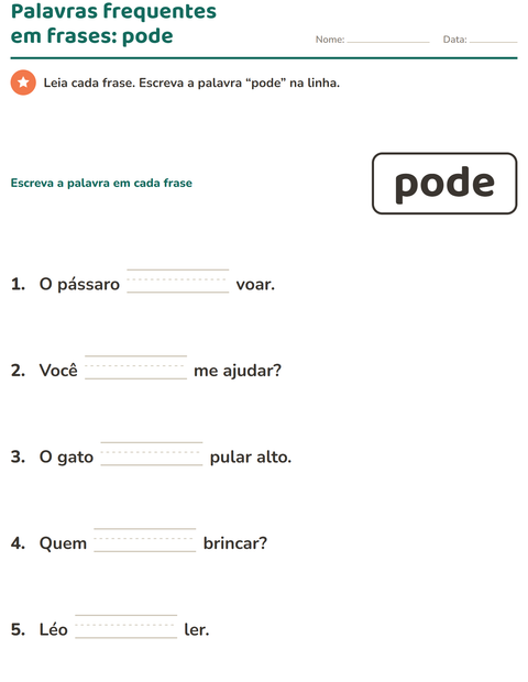 Pré-visualização da ficha de Palavras frequentes para Educação infantil (pré-escola, 5-7 anos)