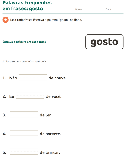 Pré-visualização da ficha de Palavras frequentes para Educação infantil (pré-escola, 5-7 anos)