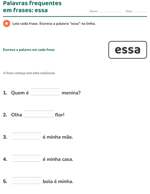 Pré-visualização da ficha de Palavras frequentes para Educação infantil (pré-escola, 5-7 anos)