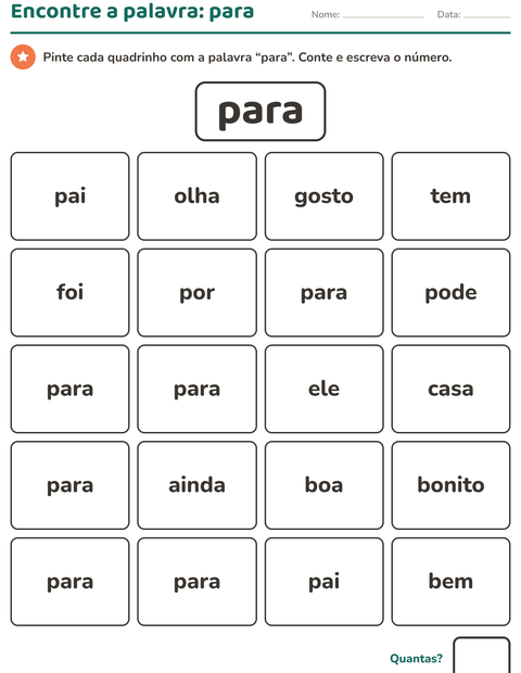 Pré-visualização da ficha de Palavras frequentes para Educação infantil (pré-escola, 5-7 anos)