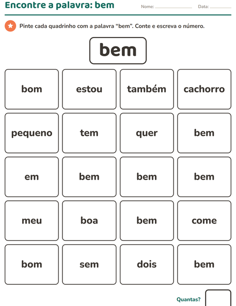 Pré-visualização da ficha de Palavras frequentes para Educação infantil (pré-escola, 5-7 anos)