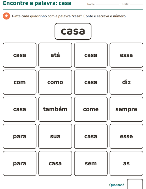 Pré-visualização da ficha de Palavras frequentes para Educação infantil (pré-escola, 5-7 anos)