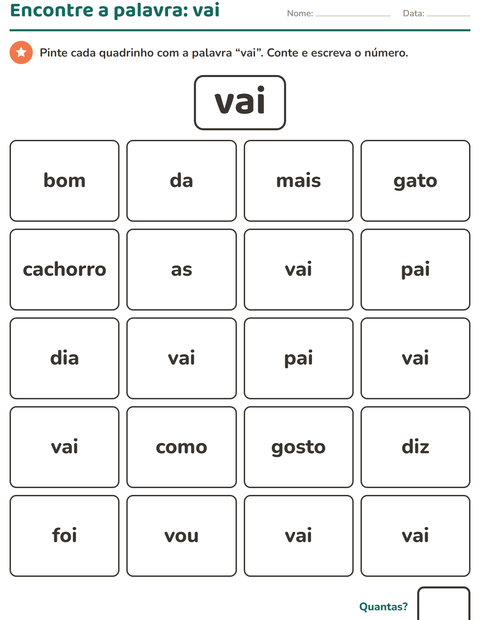 Pré-visualização da ficha de Palavras frequentes para Educação infantil (pré-escola, 5-7 anos)