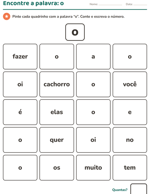 Pré-visualização da ficha de Palavras frequentes para Educação infantil (pré-escola, 5-7 anos)