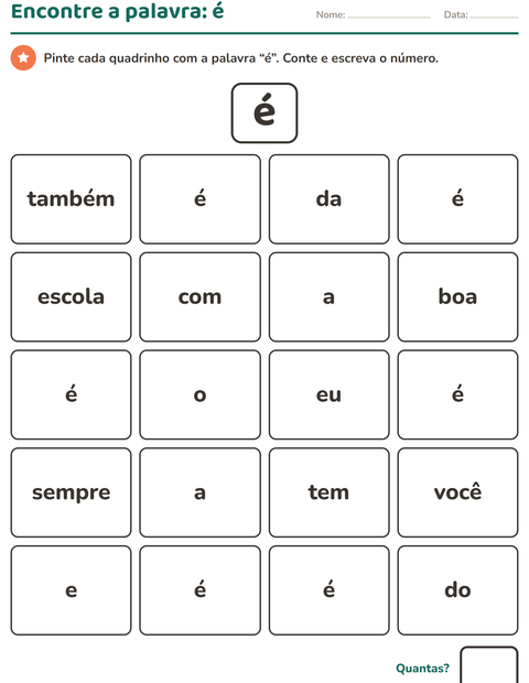 Pré-visualização da ficha de Palavras frequentes para Educação infantil (pré-escola, 5-7 anos)