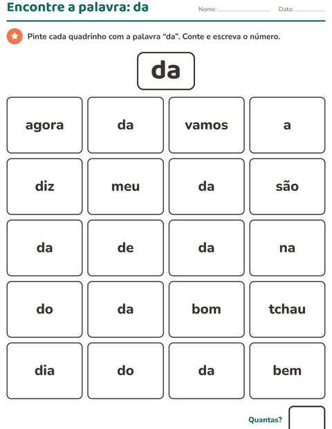 Pré-visualização da ficha de Palavras frequentes para Educação infantil (pré-escola, 5-7 anos)