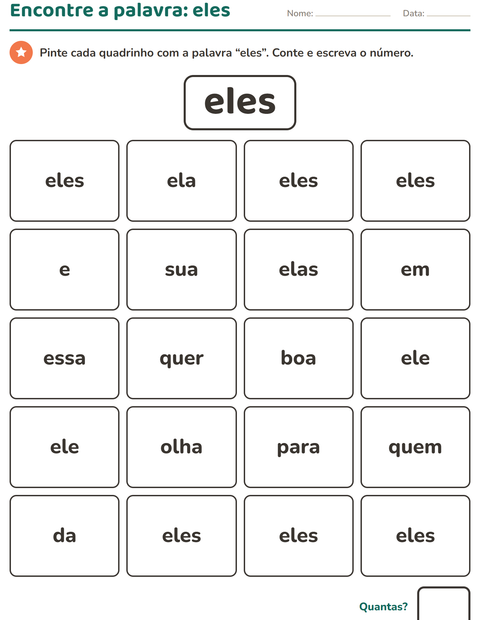 Pré-visualização da ficha de Palavras frequentes para Educação infantil (pré-escola, 5-7 anos)