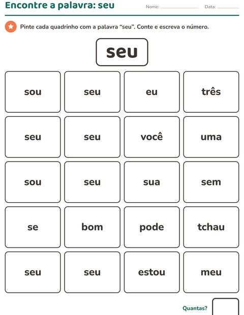 Pré-visualização da ficha de Palavras frequentes para Educação infantil (pré-escola, 5-7 anos)