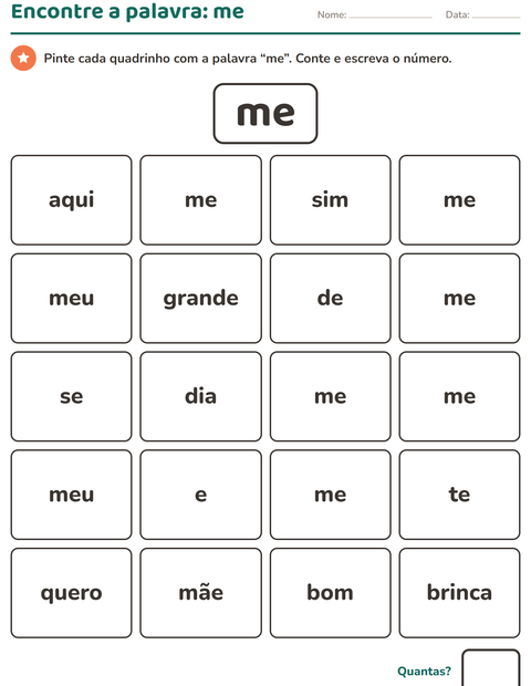 Pré-visualização da ficha de Palavras frequentes para Educação infantil (pré-escola, 5-7 anos)