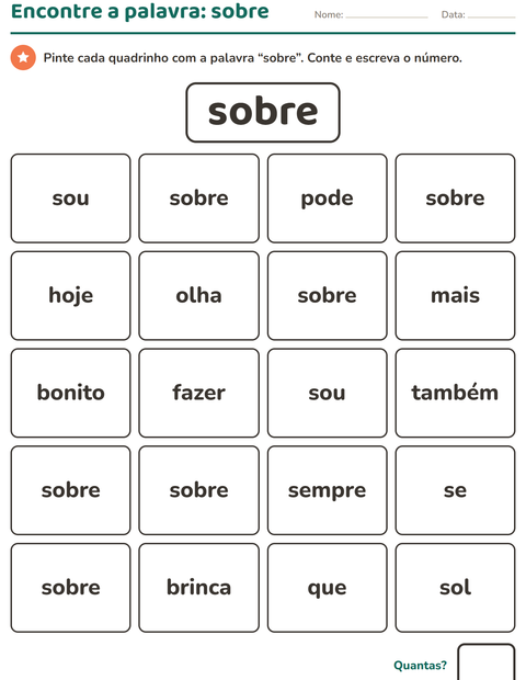 Pré-visualização da ficha de Palavras frequentes para Educação infantil (pré-escola, 5-7 anos)