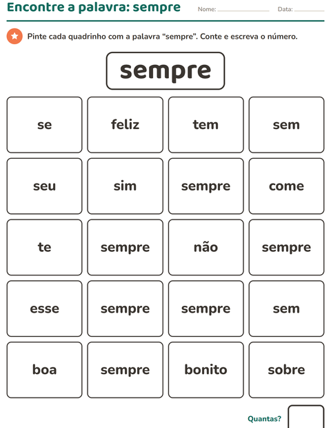 Pré-visualização da ficha de Palavras frequentes para Educação infantil (pré-escola, 5-7 anos)