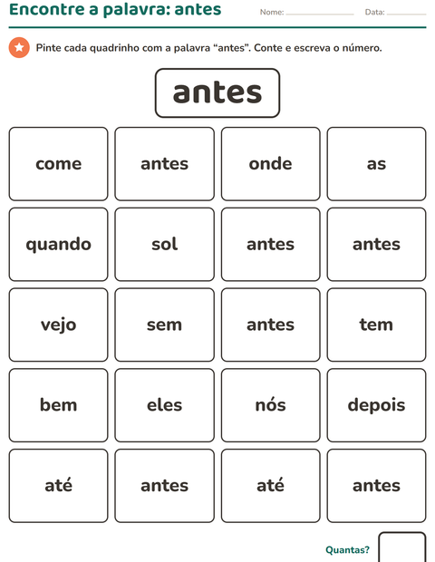Pré-visualização da ficha de Palavras frequentes para Educação infantil (pré-escola, 5-7 anos)