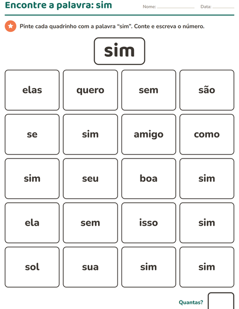Pré-visualização da ficha de Palavras frequentes para Educação infantil (pré-escola, 5-7 anos)