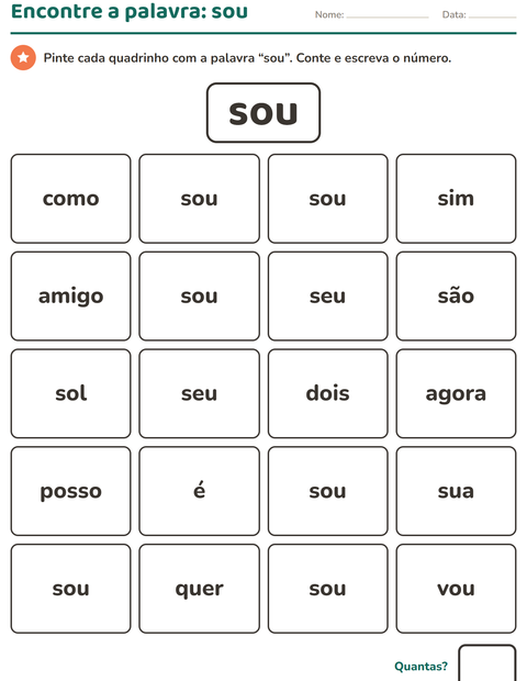 Pré-visualização da ficha de Palavras frequentes para Educação infantil (pré-escola, 5-7 anos)