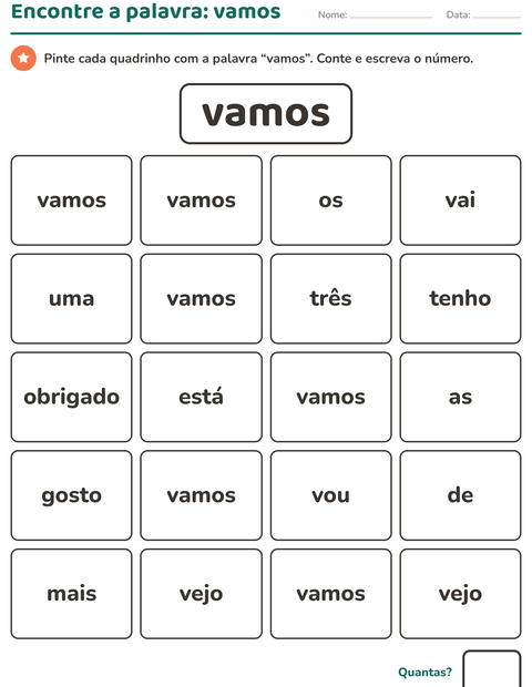 Pré-visualização da ficha de Palavras frequentes para Educação infantil (pré-escola, 5-7 anos)