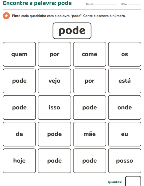 Pré-visualização da ficha de Palavras frequentes para Educação infantil (pré-escola, 5-7 anos)